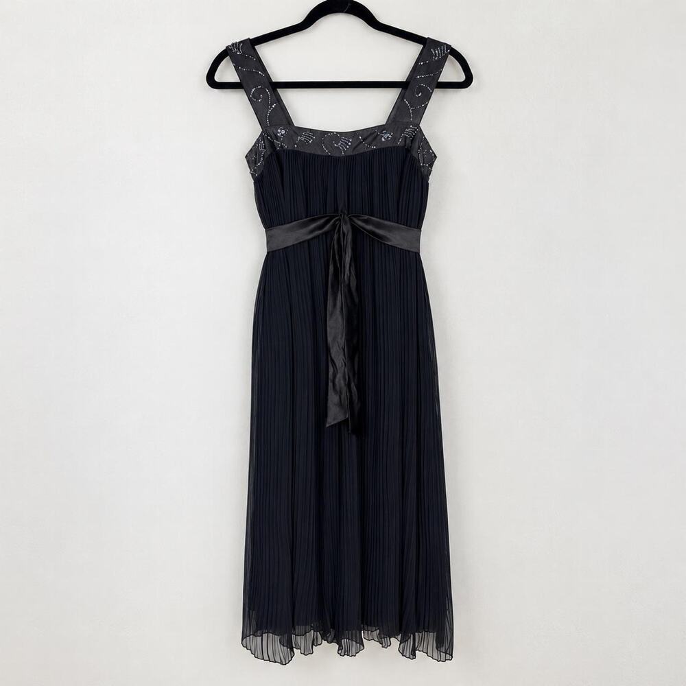 Beaded Pleated Black Midi Dress W/ Ribbon Tie Evening Party Sz.12 Hoco Formal